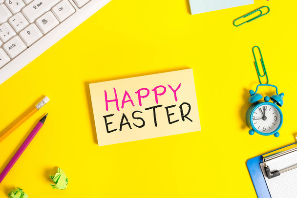Handwriting text Happy Easter. Concept meaning the Christian celebration of the Resurrection of Christ Flat lay above copy space on the white crumpled paper. - Foto, Imagen