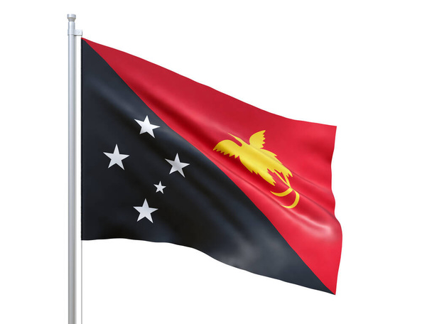 Papua-Neuguinea-Flagge weht auf weißem Hintergrund, Großaufnahme, isoliert. 3D-Darstellung - Foto, Bild