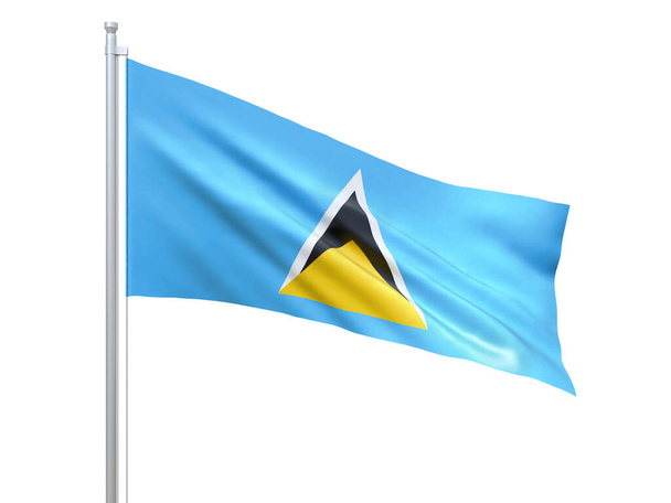 Saint Lucia vlag zwaaiend op witte achtergrond, van dichtbij, geïsoleerd. 3d renderen - Foto, afbeelding