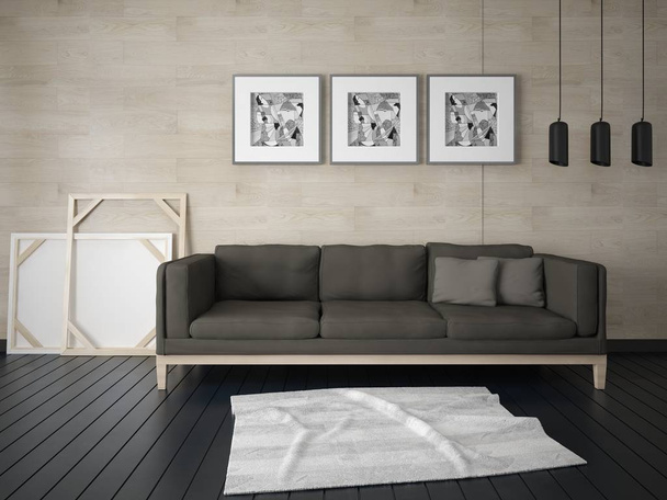 Mock up ένα μοντέρνο σαλόνι με ένα κομψό, συμπαγή καναπέ και μοντέρνο πρωτότυπο σκηνικό. - Φωτογραφία, εικόνα