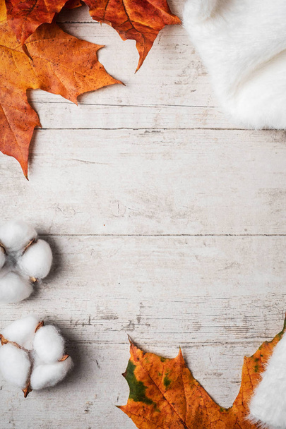 White fluffy sweater on a white background and maple autumn leaves. Autumn concept. - Fotoğraf, Görsel