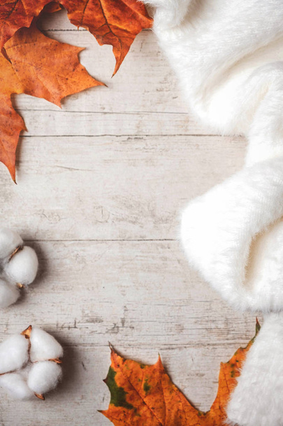 White fluffy sweater on a white background and maple autumn leaves. Autumn concept. - 写真・画像