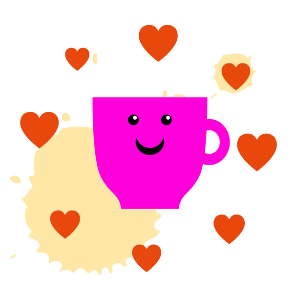 Coffee mug with smile and hearts vector. Morning coffee vector illustration. Tea cup with smile and hearts. - Vektor, kép