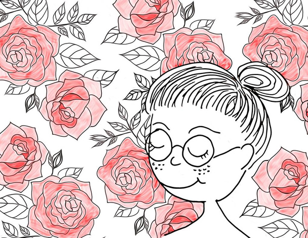 Drawing cartoon character of woman,in decorative frame with roses flowers,with space for your text.Creative series with pen line,used for frame botanical floral pattern of fabric,wallpaper,paper,etc. - Photo, Image