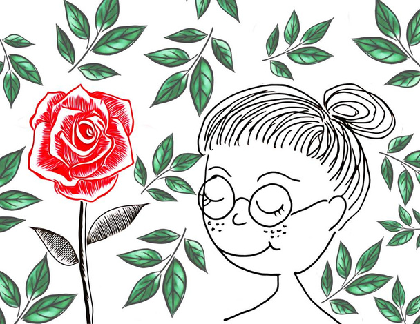 Drawing cartoon character of woman,in decorative frame with roses flowers,with space for your text.Creative series with pen line,used for frame botanical floral pattern of fabric,wallpaper,paper,etc. - Photo, Image