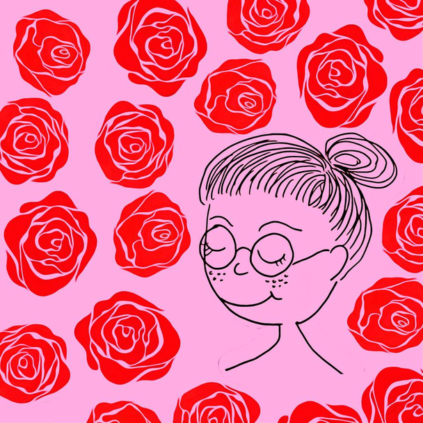 Dibujo personaje de dibujos animados de mujer, en marco decorativo con flores de rosas, con espacio para su texto. serie creativa con línea de pluma, utilizado para el patrón floral botánico marco de tela, papel pintado, papel, etc.
. - Foto, Imagen