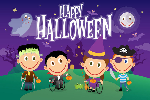 Behinderte Kinder in Halloween-Kostümen spielen Charaktere. Vektor g - Vektor, Bild
