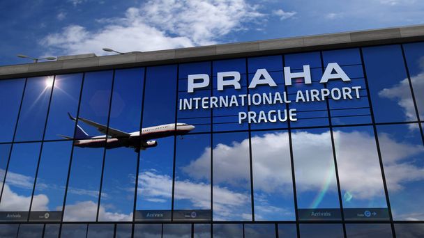 Αεροπλάνο που προσγειώνεται στην Praha, Πράγα καθρεφτίζεται στον τερματικό σταθμό - Φωτογραφία, εικόνα