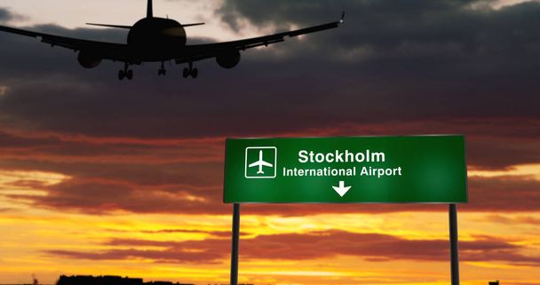 Avión aterrizando en Estocolmo con letrero
 - Foto, imagen