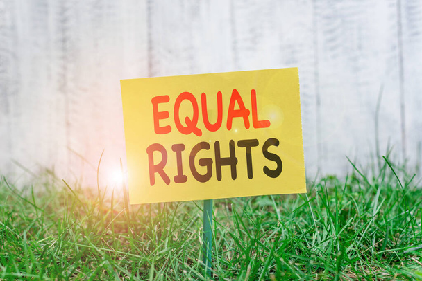 Writing note showing Equal Rights. Business photo showcasing Equality before the law when all showing have the same rights Plain paper attached to stick and placed in the grassy land. - Foto, Imagem