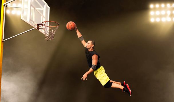 Basketbalspeler gooit, schiet in actie, donkere achtergrond. Mannelijke atleet in sportkleding scores op streetball training - Foto, afbeelding