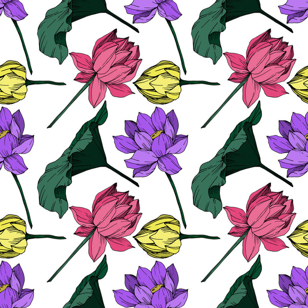 Vektor Lotus Blumen botanische Blume. Schwarz-weiß gestochene Tuschekunst. nahtloses Hintergrundmuster. - Vektor, Bild