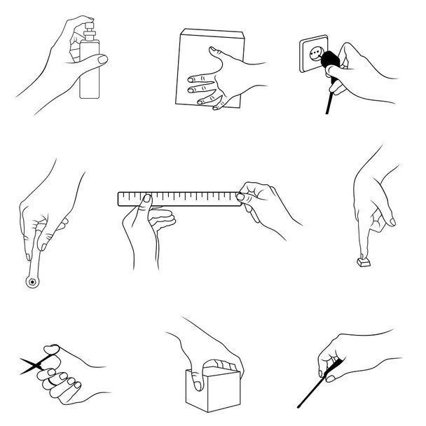 Vector set of outline, various hand actions and gestures, isolated, in black color, on white background. - Vector, Image