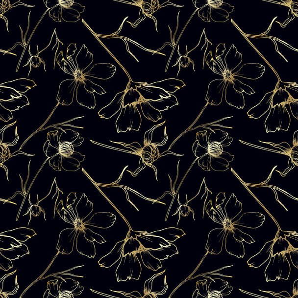 Vector Cosmos floral botanical flowers. Black and white engraved ink art. Seamless background pattern. - Vector, Imagen