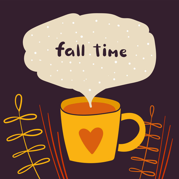 Tarjeta linda de otoño, postal, póster con hojas, taza de café, té, cotización de letras
. - Vector, imagen