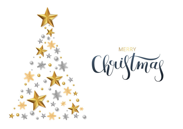 Tarjeta de felicitación, invitación con feliz año nuevo 2020 y Navidad. Lettering Merry Christmas. Estrellas metálicas de oro, abeto, brillando sobre un fondo blanco. Ilustración vectorial
 - Vector, Imagen