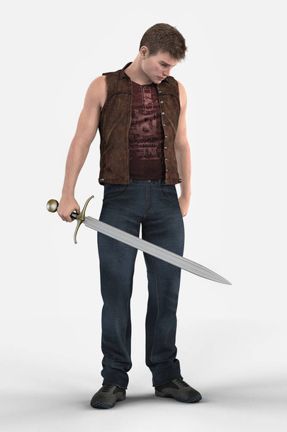 Urban Fantasy Male Character Holding a Sword and Looking Downwards - Foto, Imagen