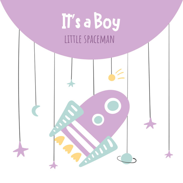 Его мальчик детская душевая открытка, открытка, плакат на день рождения с ракетой, кометой, луной, звездами, небом
. - Вектор,изображение
