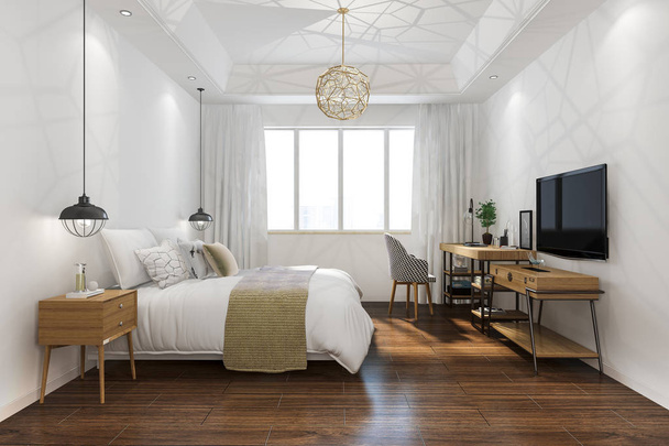 3d renderowania pomarańczowy vintage minimalny apartament sypialnia w hotelu z TV - Zdjęcie, obraz