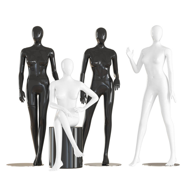 Three female mannequins stand and one sits on an isolated background .3d rendering - Φωτογραφία, εικόνα
