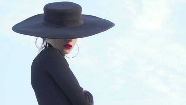 Elegante mulher de lábios vermelhos vestida de preto virando-se para a câmera
 - Foto, Imagem