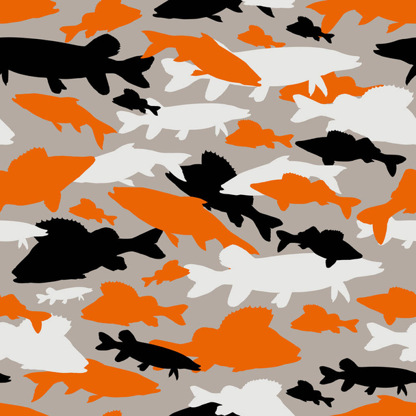 Padrão vetor sem costura de camuflagem de pesca. Camuflagem laranja preta de peixes de água doce
 - Foto, Imagem