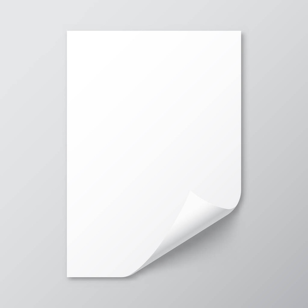 Ρεαλιστικό λευκό φύλλο χαρτιού με σκιά σε μέγεθος Α4. Σημειωματάριο ή σελίδα βιβλίου με μπούκλες γωνία. Εικονογράφηση διανύσματος. - Διάνυσμα, εικόνα