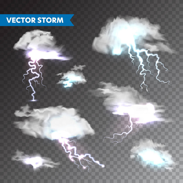 Realistic clouds with lightning set on transparent background. Thunderstorm and lightning bolt. Sparks of light. Stormy weather effect. Vector illustration. - Vector, Image