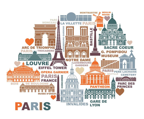 Vector stylized map of Paris with landmarks and symbols of France - Vector, Image
