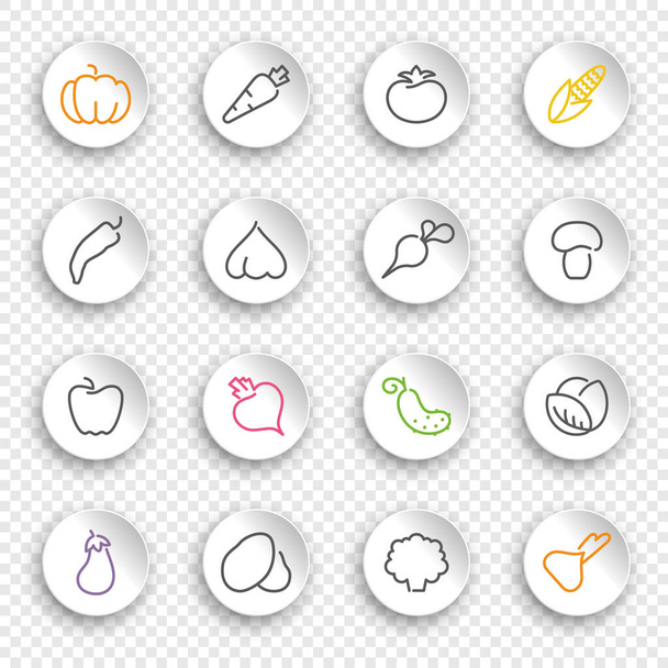 Liniowe ikony warzyw i grzybów na białych naklejkach z przezroczystymi cieniami - Wektor, obraz