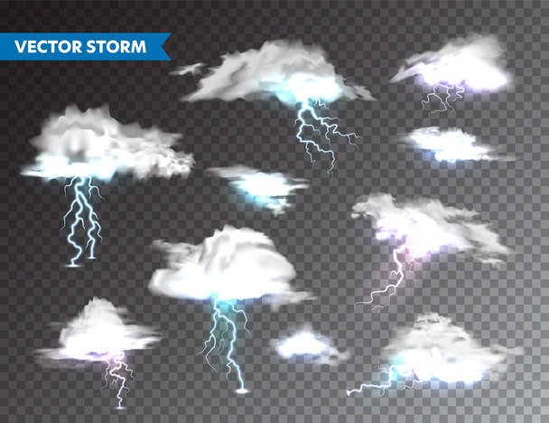 Realistic clouds with lightning set on transparent background. Thunderstorm and lightning bolt. Sparks of light. Stormy weather effect. Vector illustration. - ベクター画像