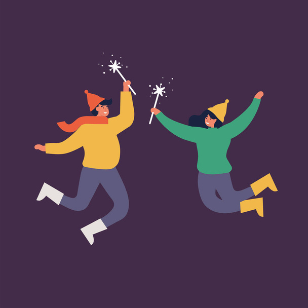 Happy winter vacation. Warmly dressed couple are jumping and holding sparkles . Merry christmas holiday. Vector illustration in a flat style. - Vector, Image