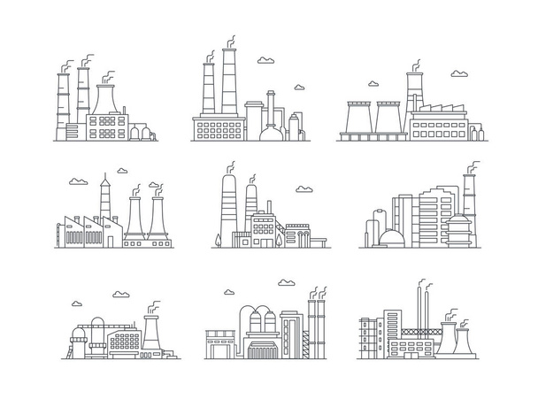Industrial complex color icons set. Manufacturing plants isolated vector illustrations. Factory buildings and mass production. Air pollution, pipes emitting smoke, pollutant gas emission in line style - Vettoriali, immagini