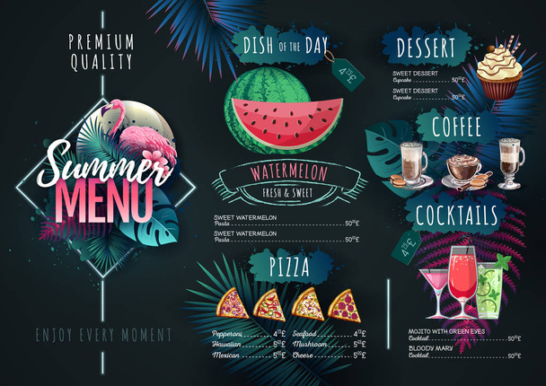 Summer menu design with flamingo and tropic leaves. Restaurant menu - Vector, Imagen