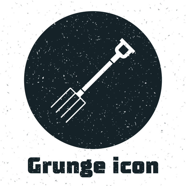Иконка Grunge Garden pitchfork выделена на белом фоне. Вывеска с вилкой. Инструмент для садоводства, сельского хозяйства, сельского хозяйства. Векторная миграция
 - Вектор,изображение