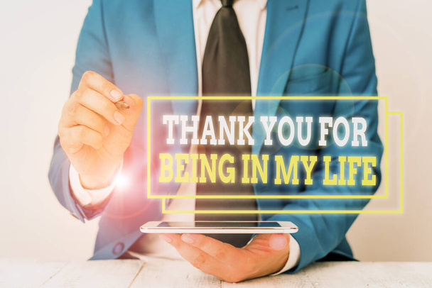 Conceptual hand writing showing Thank You For Being In My Life. Business photo text loving someone for being by your side Businessman pointing with pen in empty copy space. - Photo, Image