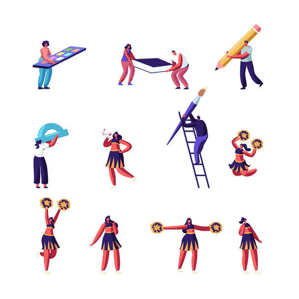 Education and Cheerleading Concept Set. Characters Holding Huge Stationery Accessories for School.Cheerleaders Team in Uniform Dance on Sports Event or Competition. Cartoon Flat Vector Illustration - Vector, Image