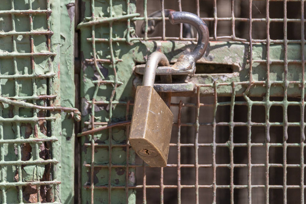 Μια κοντινή άποψη ενός λουκέτου που κρατά μια μεταλλική πύλη κλειστή  - Φωτογραφία, εικόνα