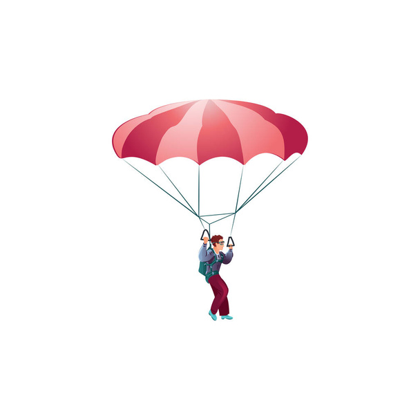 Parachute jumper in the green suit flying with the red parachute. Vector illustration in a flat cartoon style. - Vektör, Görsel
