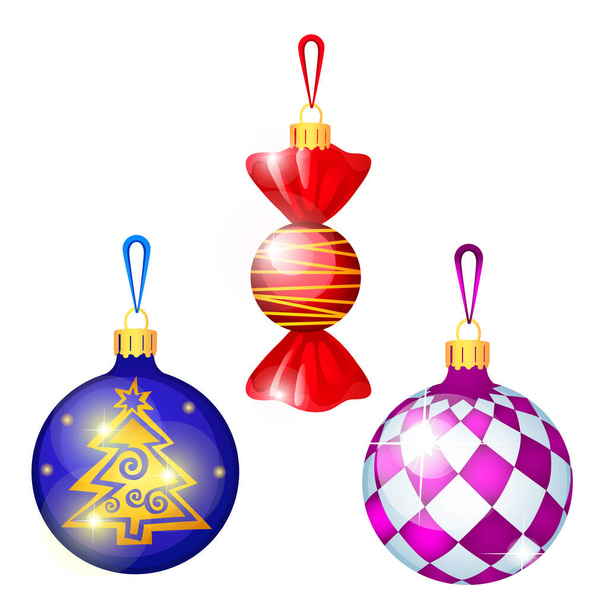 Schets met kerstboom decoraties verschillende vormen geïsoleerd op een witte achtergrond. Kleurrijke feestelijke glazen kerstballen. Sjabloon poster, een uitnodiging, een andere kaart. Vectorillustratie cartoon close-up. - Vector, afbeelding
