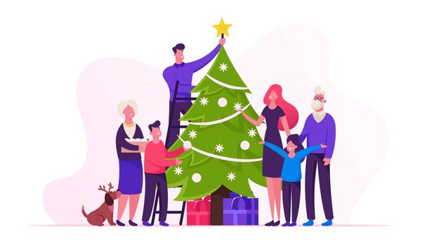 Big Happy Family Decorare l'albero di Natale insieme Prepararsi per le vacanze invernali Celebrazione Sfere appese e stella sulla cima di abete rosso, Le persone che celebrano il nuovo anno a casa. Illustrazione del vettore piatto del fumetto - Vettoriali, immagini