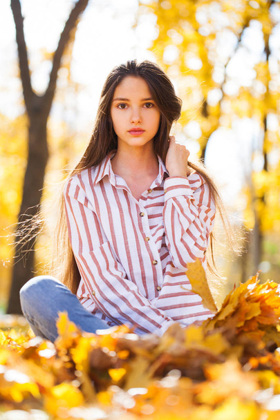 Portrait of a young beautiful girl with yellow maple leaves  - Foto, afbeelding