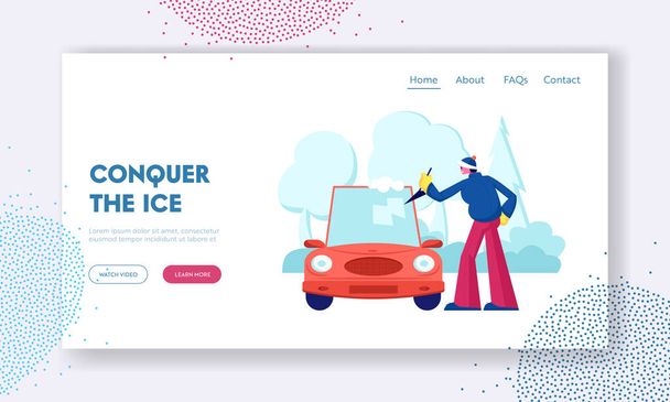 Driver Care of Automobile at House Yard Ιστοσελίδα Landing Page. Man Cleaning Car Window with Spade from Ice and Snow at Winter Time after Night Blizzard Web Page Banner. Εικονογράφηση επίπεδου διανύσματος κινουμένων σχεδίων - Διάνυσμα, εικόνα