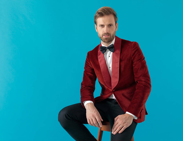 confident elegant man wearing red velvet tuxedo  - Zdjęcie, obraz