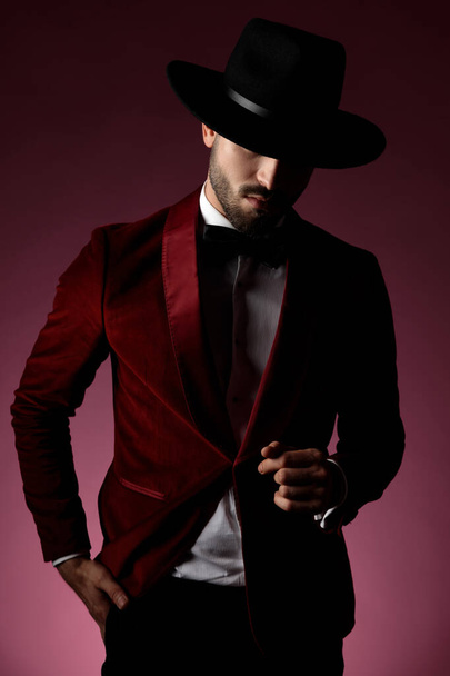 aantrekkelijk mode model met rood fluwelen smoking aan - Foto, afbeelding