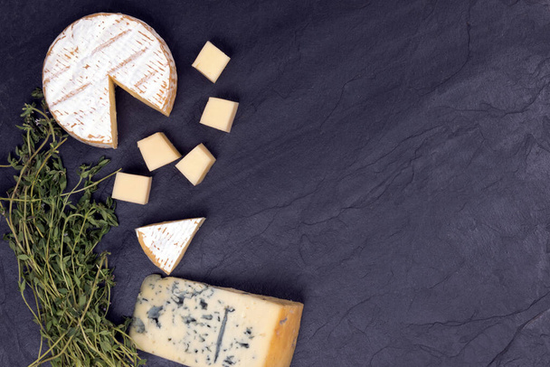 Cheese with mold with a sprig of thyme on a slate Board - 写真・画像