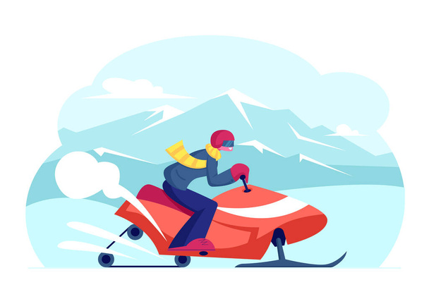 Snowmobile Rider Φορώντας κράνος ιππασίας Γρήγορη από Snowdrifts με διασκέδαση κατά τη διάρκεια Extreme Sport Περιπέτεια Tour. Εξωτερική δραστηριότητα Κατά τη διάρκεια των χειμερινών διακοπών στο Χιονοδρομικό Mountain Resort. Εικονογράφηση επίπεδου διανύσματος κινουμένων σχεδίων - Διάνυσμα, εικόνα
