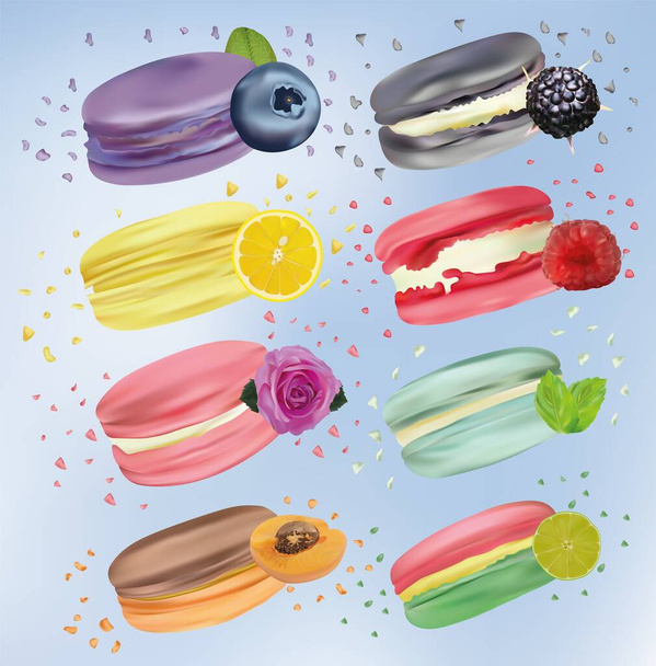 Macarrones coloridos realistas 3D. Macarrones dulces franceses con frambuesa, limón, mora, arándano, rosa, lima, albaricoque, menta en movimiento aislado sobre fondo azul. Caída de macarrones. Icono vector
 - Vector, imagen
