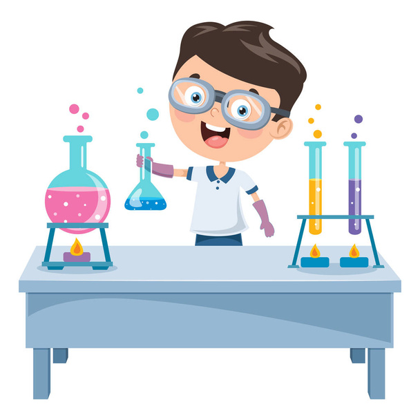 Μικρή φοιτητής κάνει χημικό πείραμα - Διάνυσμα, εικόνα