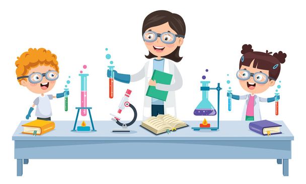 Маленькие студенты проводят химический эксперимент
 - Вектор,изображение
